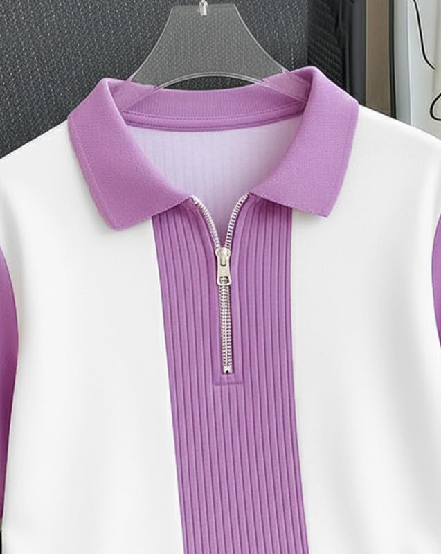 Image of AUSK Men's Textured Vertical Striped Knit Polo T-Shirt | Half Sleeve Zipper Neck Self-Design Casual Tee | Mens Tshirts