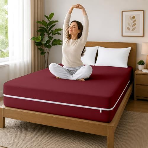 Image of 100% Waterproof Single Size Zipper Mattress Encasement - Ultra Soft & Breathable Six-Sided Bed Cover, Dustproof Noiseless Fitted Design, 72x30 Inch (6x6 Feet), Fits Up to 6 Inch Mattress, Maroon