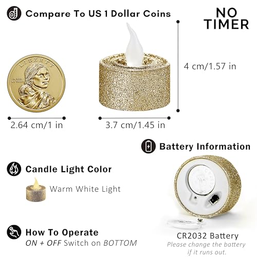 Image of FURORA LIGHTING Champagne Gold Glitter Flameless Tealights - 1.45 inch W x 1.57 inch H, 12-Pack, Batteries Included