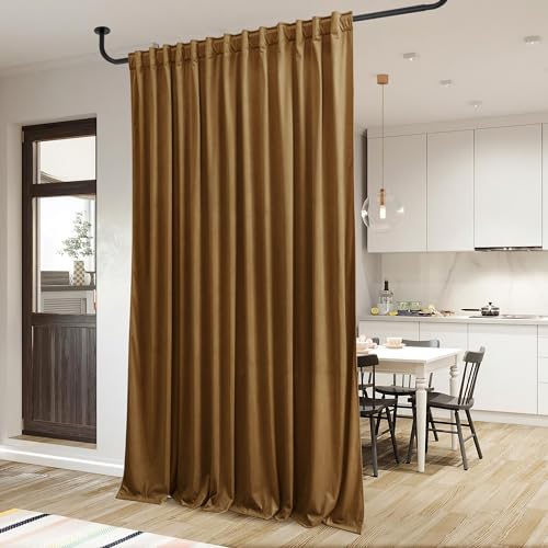 Image of Gold Brown Velvet Curtains 108 inches Long Fall Decor | Light Blocking Thermal Insulated Window Panels Privacy Protect Drapes for Living /Dining Room, W100 x L108, 1 Panel