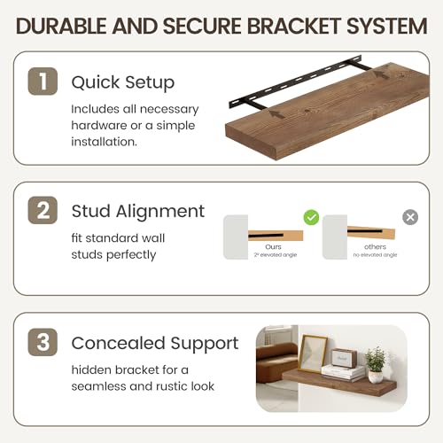 Image of Marsmiles 72 Inch Floating Shelf | 9.3 Inch Deep Dark Wood Wall Shelf Set of 1 | Rustic Reclaimed Wood Shelves for Room Wall | Farmhouse Floating Shelves for Living Room Bathroom