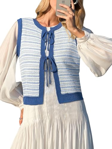 Image of Yousify Womens Crochet Sleeveless Knit Tops Tie Front Sweaters Vest 2025 Summer Tank Tops Boho Off Shoulder Sheer Blue L