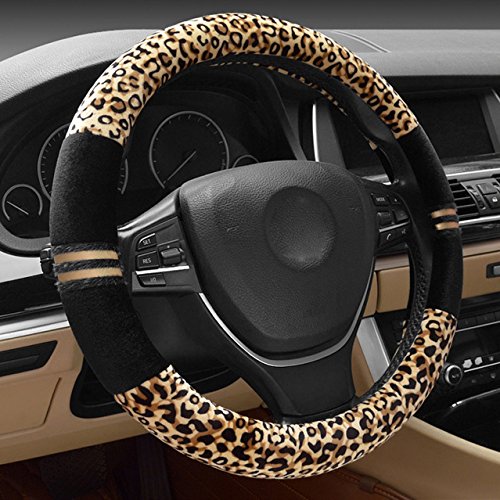 Hivel Inverno Leopardo Peluche Coprivolante Auto Morbido Caldo Peloso Antiscivolo Leopard Veicolo Copri Volante Car Steering Wheel Cover 38cm - Color Crema