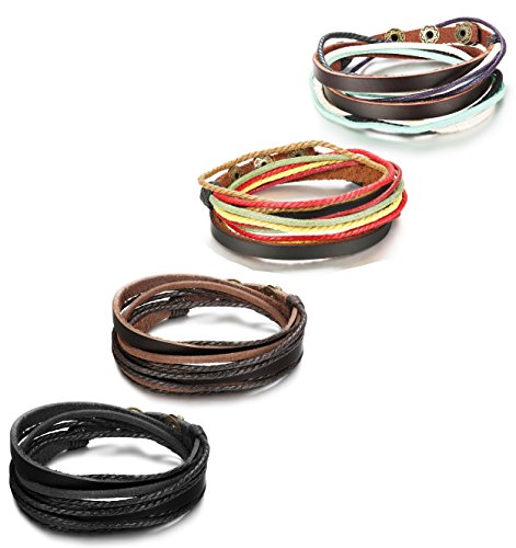 FUNRUN JEWELRY 4PCS Leather Bracelet for Men Wristband Long Around Bracelet Wrist Cuffs Set Adjustable