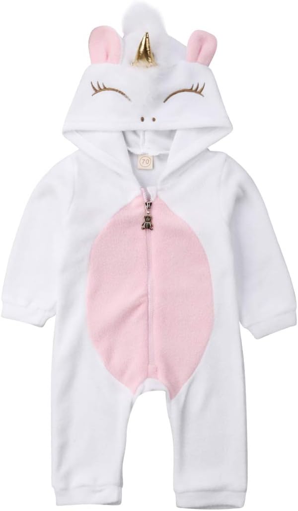 Baby Girl Unicorn Romper Clothes Hoodies Long Sleeve Flannel Romper Jumpsuit Zipper Warm Sleeper Pajamas Outfit