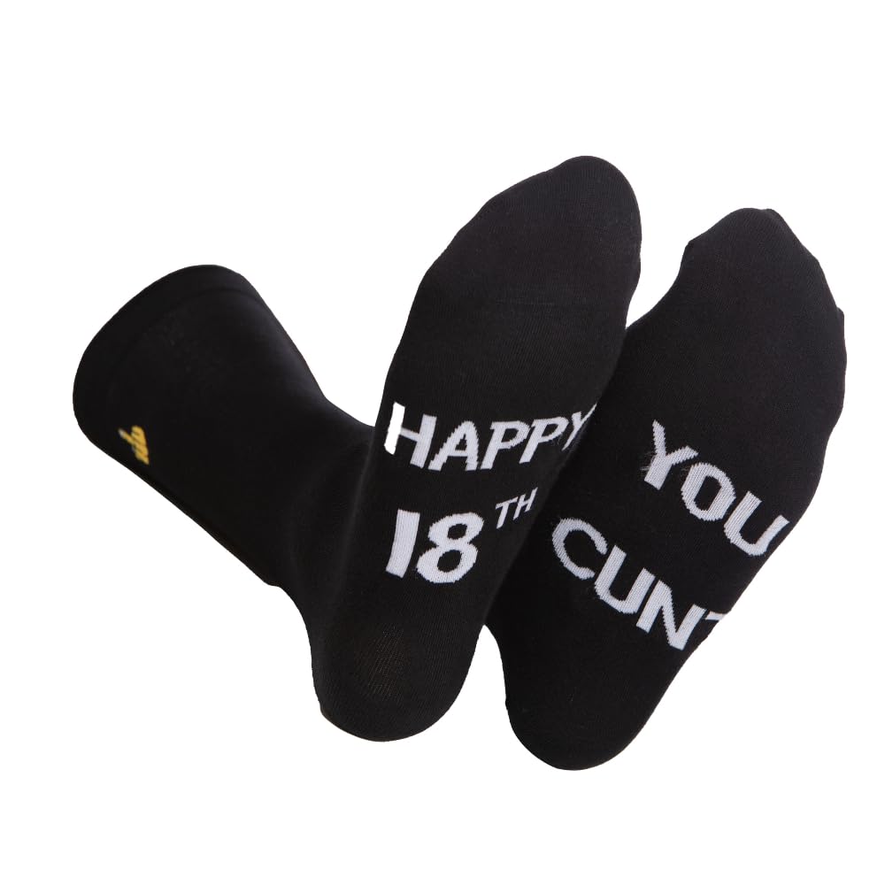 Rude Gifts for men - Premium Quality Novelty Socks - Unique Humorous Gifts for Birthday- Cunt Socks with Rude Slogans (Combed Cotton, Happy 18th)