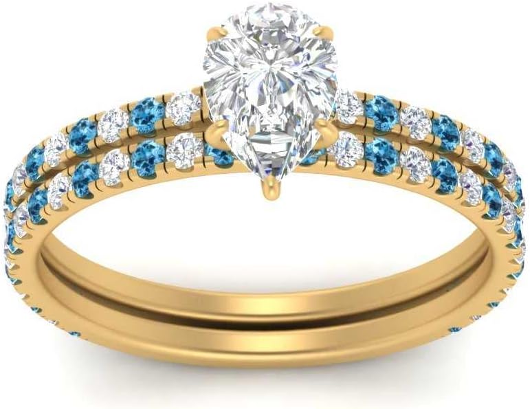 Choose Your Gemstone Three Quarter Diamond CZ Gallery Bridal Ring Yellow Gold Plated Pear Shape Wedding Ring Minimal Modern Design Birthday Wedding Gift US Size 4 to 12