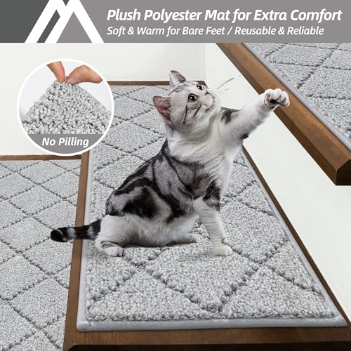 Image of COSY HOMEER Edging Stair Treads Non-Slip Carpet Mat 28inX9in Indoor Stair Runners for Wooden Steps, Edging Stair Rugs for Kids and Dogs, 100% Polyester TPE Backing (10pc, Grey)