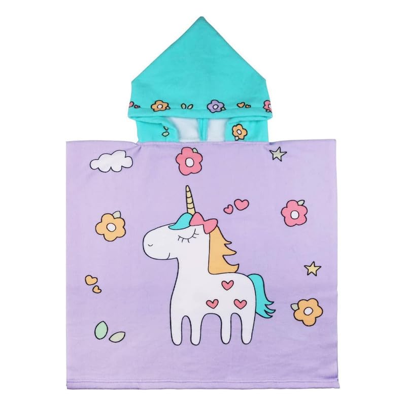 Image of Famyo Purple Unicorn Poncho Towel for Kids | Hooded Bath Towels | 60 x 60cm Toddler Pool Towel for Boys & Girls, 1-7 Years | Cute & Cozy Bathrobe Alternative
