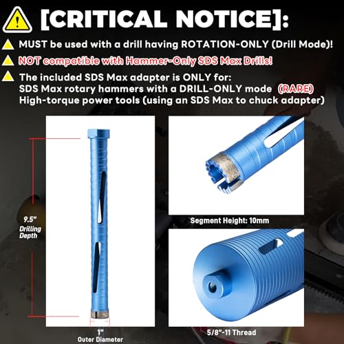 Image of 1 inch Dry Core Drill Bit, 5 /8 inch-11 Thread, with 3 Adapters Included: SDS Plus, SDS Max and 1 /2 inch Hex Shank -9.5 inch Drilling Depth Diamond Core Bits for Concrete, Brick, Block, Stucco and Masonry