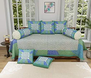 PK Fashions Sanganeri Print 150 GSM Cotton Diwan Set with Single Bed Sheet with 5 Cushions Covers and 2 Bolster Covers, Sea Green, Medium