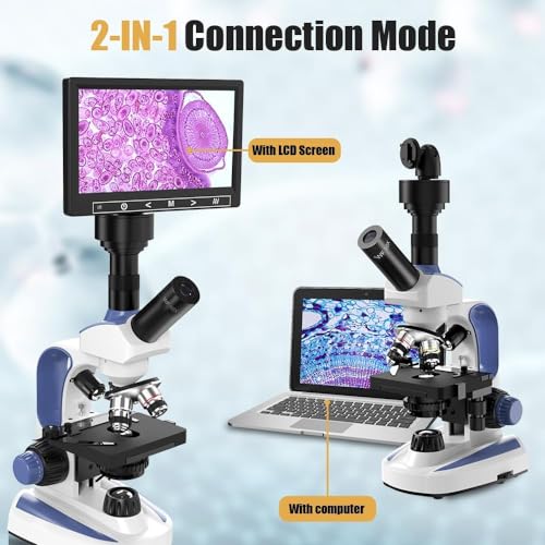Image of Lab Monocular Compound Microscope with 7'' LCD Screen, 40X-2500X Magnification Microscope for Adults, Dual Illumination, Built-in 5MP Camera, Dual Mechanical Stage for Lab School Farm (Black)