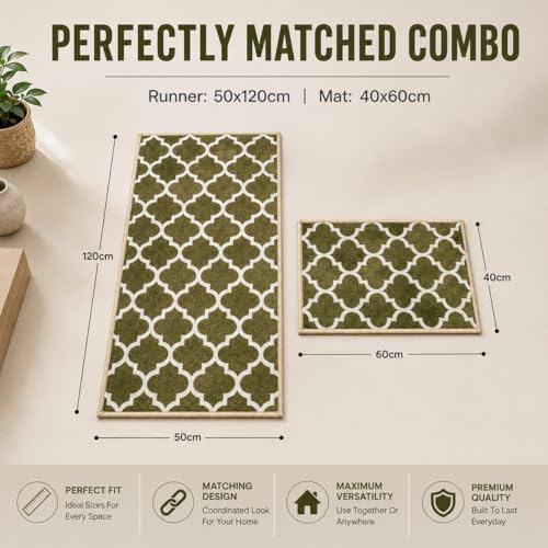 Image of Matz&More Anti Slip Kitchen Runner Mat & Doormat Combo (50x120cm + 40x60cm), Nylon Tufted Floor Carpet with Rubber Backing for Kitchen, Hallway, Bedroom, Bathroom & Entrance, Trellis Dark Olive
