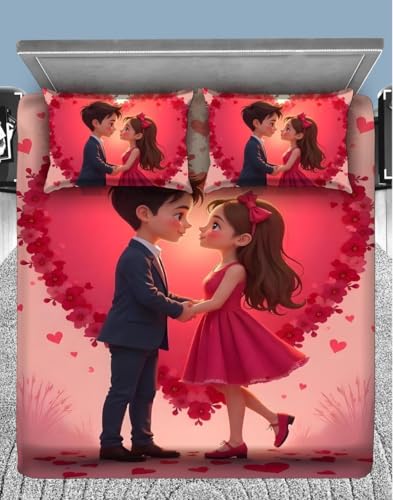 Image of 7D Digital Printed Bedsheet King Size Romantic Couple Made for Each Other - 90x100 Inch with 2 Pillow Covers | Glace Cotton | Soft Breathable | Premium Bed Sheet | 240TC