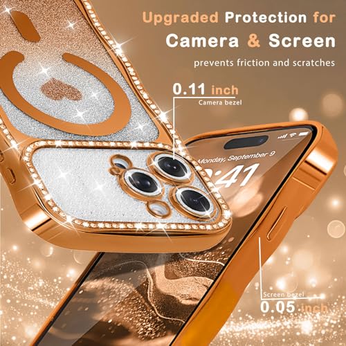 Amzfield Magnetic Phone Case for iPhone 15 Pro, Bling Shiny Sparkle, Orange - image 3