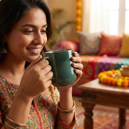 Image of The Earth Store Green Cylus Coffee Mug - 320ML Ceramic Coffee Mugs Set of 4 | Microwave & Dishwasher Safe Mugs for Gift | Home | Office | Restaurant | Daily Use Tea Mug