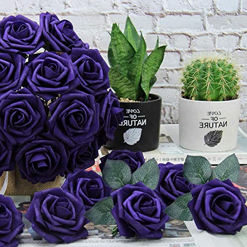 Higfra Artificial Flowers 25Pcs Real Looking Dark Purple Foam Fake Roses With Stems For Diy Wedding Bouquets White Bridal Shower Centerpieces Arrangements Mothers Day Party Tables Decorations #TOP2