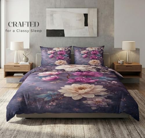 Image of SANMARINO 300 TC Cloud Cotton Pixel 7D King Size Bedsheet with 2 Pillow Cover | Premium 7D Floral Printed Bedding Set | Ultra Soft & Breathable | 108x108 Inch | Royal Orchid Floral Symphony