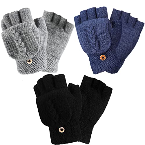 Hicarer 3 Pairs Kids Winter Fingerless Gloves Mittens Aged 12-18 Convertible Flip Top Warm Knit Gloves for Child Boys Girls