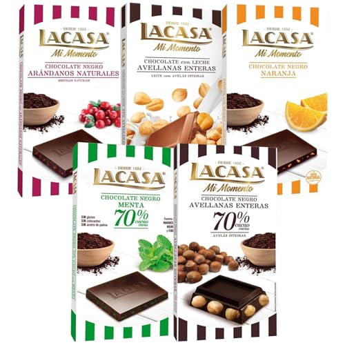 Lacasa pack 5 tabletas de chocolate:leche avellanas , naranja chocolate negro , arándanos , menta y chocolate , avellana 200g