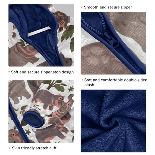 Cute Hippo Pattern Print Design Toddler Fleece Jacket Girl Boys Hooded Fleece Jacket Coat Warm Outwear Zip-up 3-10T3