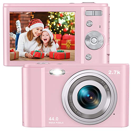 Digital Camera HD 2.7K 44 MP Vlogging Camera with Webcam, Point & Shoot Digital Camera with 2.88" IPS Screen, 16X Digital Zoom, 2 Batteries, Gift for Birthdays,Christmas,Thanksgiving Days - Pink