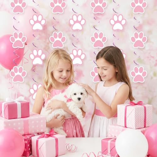 Image of Weecent 24 Pcs Dog Paw Prints Themed Party Hanging Swirl Pink White Puppy Birthday Decorations Banners Paw Prints Ceiling Streamers for Pets Birthday Baby Shower Party Favors Supplies