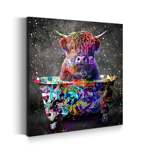 ARTEDinoi Tableau moderne sur toile Taureau dans la baignoire Graffiti Street Art Style décoration murale Taille 40x40x2cm