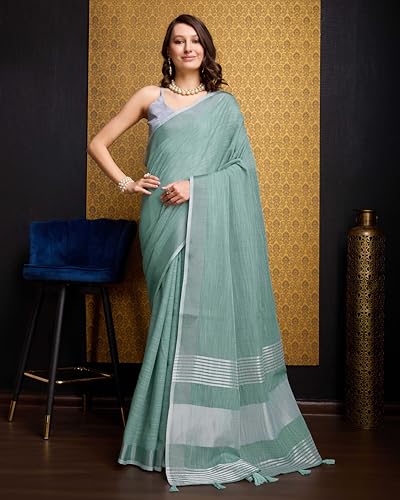 Image of SWORNOF Women's Linen Cotton Silk Saree with Unstitched Blouse Piece | Saree for Women | Saree with Blouse Piece | Soft and Skin Friendly