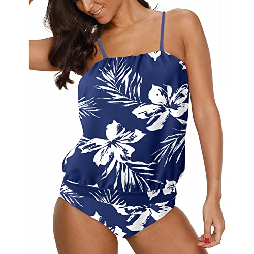 Chenghe Women's Bandeau Blouson Tankini Top High Waisted Moderate Bottom Two Piece Swimsuits Bathing Suits Blue Flower Us Size Xl #TOP4