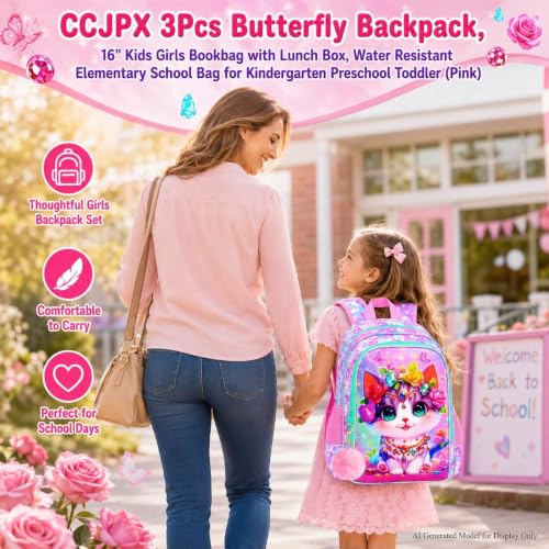 Image of 3Pcs Cat Backpack for Girls, 16 inch Kids School Backpacks with Lunch Box, Bookbag for Elementary Preschool Kindergarten(Pink)