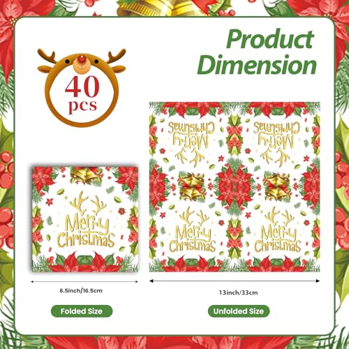 40 Pack Floral Christmas Napkins Disposable - 13x13 Inch unfolded Square Christmas Paper Napkins for Holiday Table Decor, Party Supplies and Dinner Decorations (6.5x6.5 Inch Folded) – Image 7