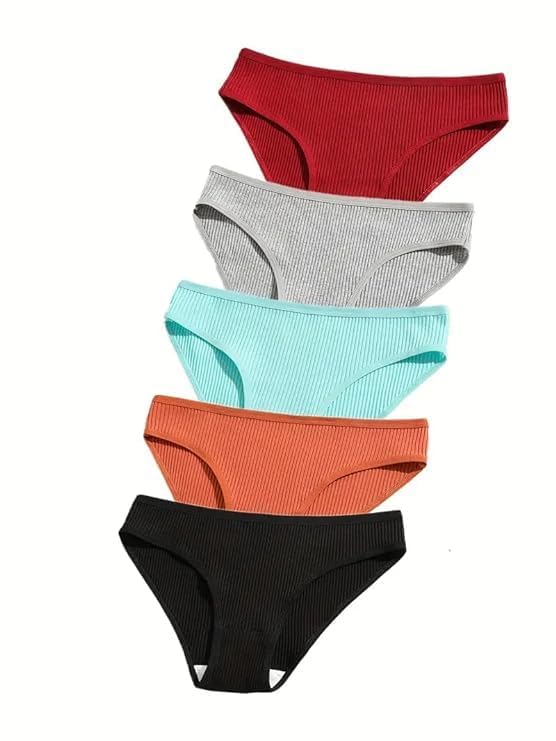 SunFlux® Pack of 5pcs Solid Ribbed Bikini Panties, Comfy & Breathable Stretchy Intimates Panties, Women's Lingerie & Underwear-image-19