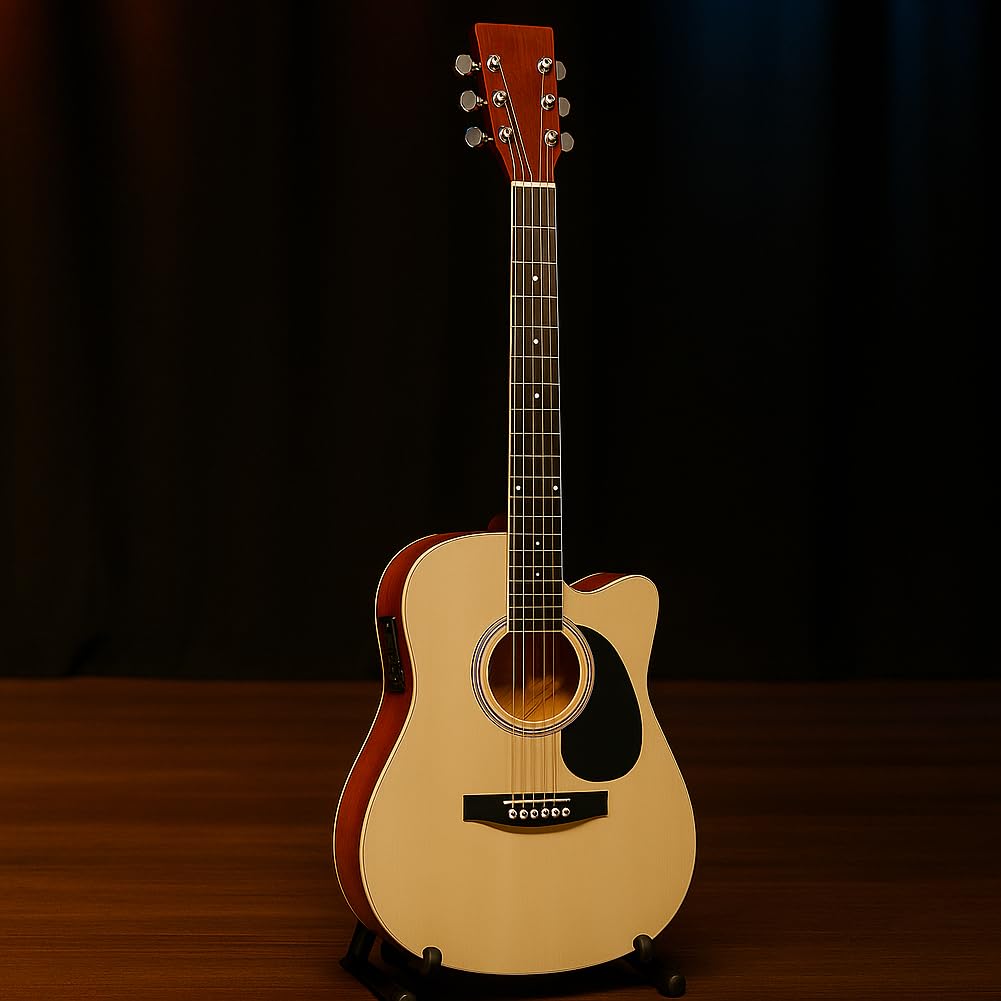 BAKAJI Guitare électro-acoustique 41 pouces avec étui, kit de rechange cordes, médiators, câble pour amplificateur et bandoulière, guitare folk forme cutaway pour adultes et débutants (natural)