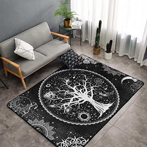 Alfombra antideslizante para interiores, diseño de árbol de la vida, luna y sol, color negro, para hotel, sala de juegos, guardería