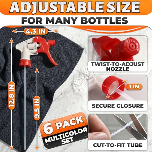 Image of 6 Pcs Spray Bottle Nozzle Replacement Pack - Heavy Duty Leak-Proof Trigger Sprayer for Cleaning, Garden, Pet Care, Auto Detailing & Kitchen - Fits 8, 16, 24, 32 oz Bottles, 28-400 Thread (Multicolor)