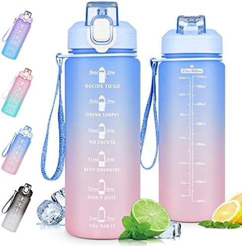 CodiCile Water Bottle with Straw, 800ml Sports Water Bottle with Motivational Time markings & Handle,Leakproof Drinking Bottle with BPA Free Lid for Teenager, Adult,Gym Office Cycling (Blue Pink)