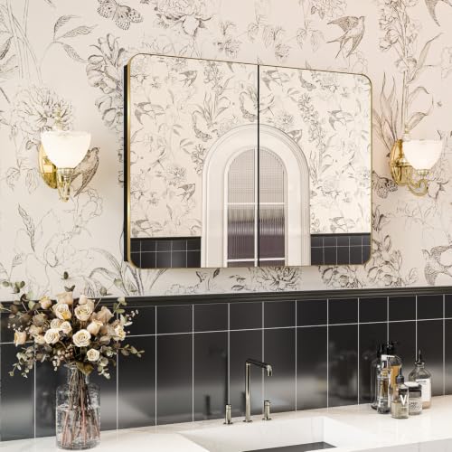 Venlus 32x24 in Brushed Gold Double Door Medicine Cabinet with Mirror, Gold