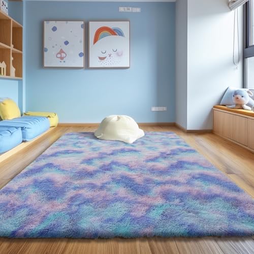 Shag Area Rug for Bedroom 4x6,Fluffy Area Rugs for Living Room,Soft Fuzzy Rug Non-Shedding Indoor Plush Carpet for Kids Bedroom Nursery Dorm Home Decor,Rainbow Purple