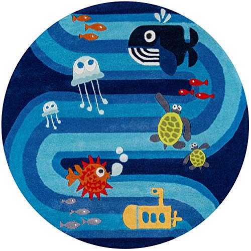 Momeni Rugs Lil' Mo Whimsy Collection, Kids Themed Hand Carved & Tufted Area Rug, 5' Round, Multicolor Ocean Animals On Blue #TOP9