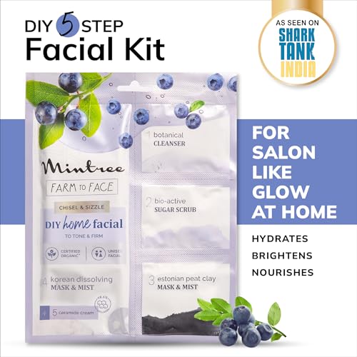 Image of Mintree Organic Blueberry at Home Facial Kit for Women Korean Melting Collagen Flim Sheet Mask|DeTan & Anti Aging European Black Mask| Salon Like Glowing Skin in Easy 5 Steps| Brightens&Tightens