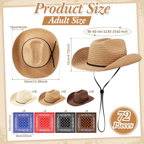 Image of Coume 36 Set Straw Cowboy Hats with Bandana Include 36 Cowboy Party Hats 36 Western Scarf in 4 Color for Cosplay Accessories
