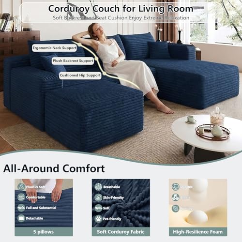 Image of Boneless Cloud Couch Comfy Sectional Couches for Living Room,U Shaped Sofa Couch in a Box with Ottoman Deep Seat Memory Foam Compressed Sofa(Blue, 95 inch Right Facing Chaise)