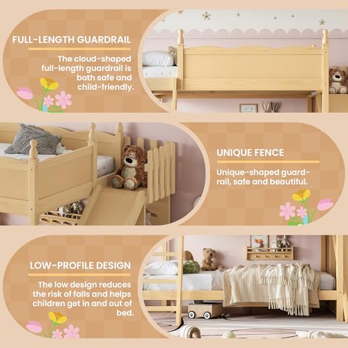 Image of Bellemave Bunk beds Full Over Full with Slide and Stair, Low bunk /loft Bed for Kids,Natural