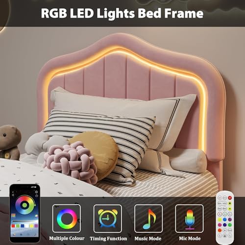 Image of GarveeLife Upholstered Platform Bed Frame with Storage Drawers, Smart RGB LED Crown Headboard, Wooden Slat Support, No Box Spring Needed, Noise-Free, Easy Assembly for Kids, Twin Pink