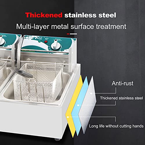 Stainless Steel Fryers Commercial Fryer Independent Switch Fryer with Basket and Temperature Control Large Capacity, Constant Temperature, Easy to Clean(Double Cylinder)