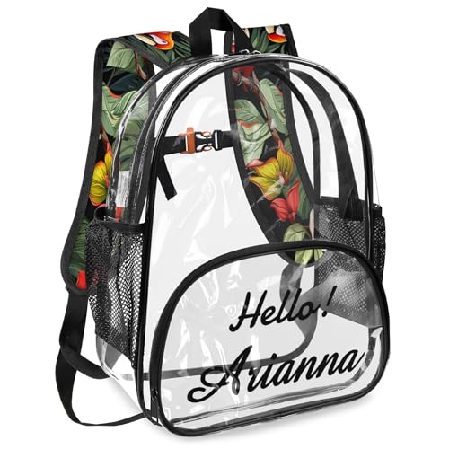 Tropical Bird Parrot Personalized Small Clear Backpack Heavy Duty for Stadium Approved Custom Green Palm Leaves Floral PVC Transparent Backpack with Name See Through Bag for Concerts2