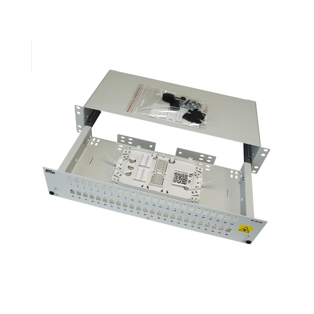 Fiber Optic Patch Panel 2U 19" Rack Mount | 48 SC or E2000 Ports | 48 Splices | Steel Enclosure RAL 7035 | Cable Management | Splice Trays Included