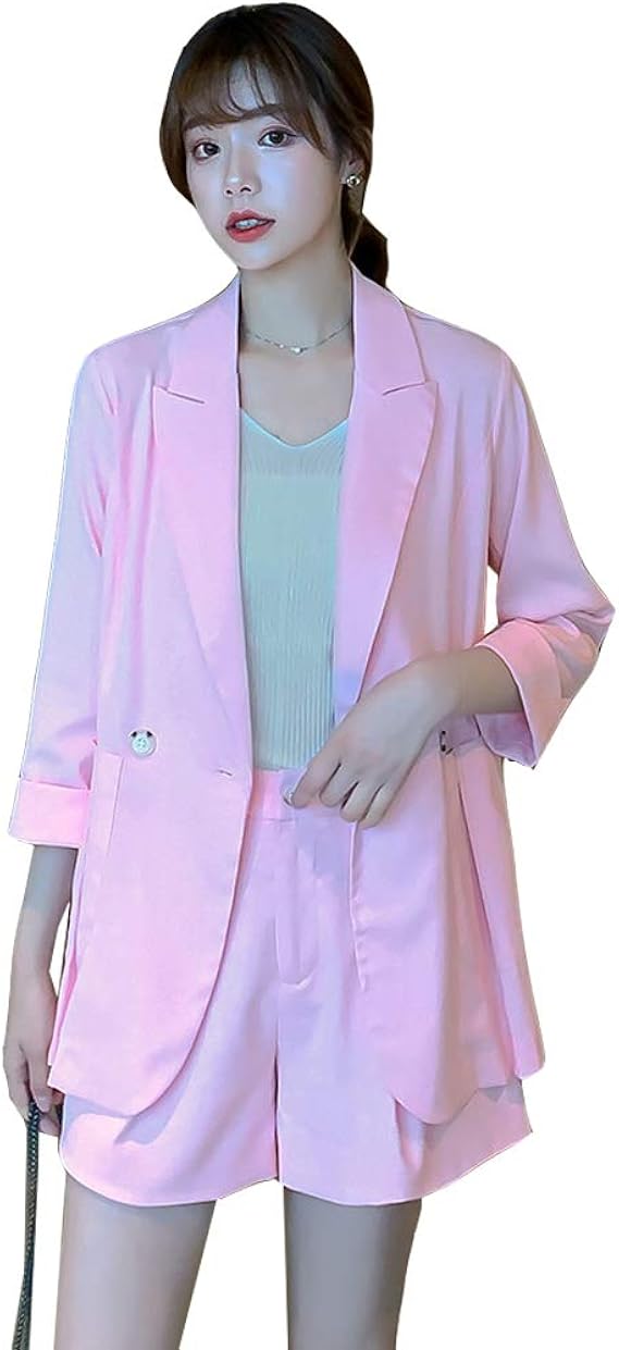 Amazon スーツパンツ 上下 セットアップ スーツセット 2点セット レディース ピンク ブルー ショートパンツ ビジネススーツ フォーマル スーツ 入学式 卒業式 オフィス 女性 エレガント キャリア L ピンク パンツスーツ 通販