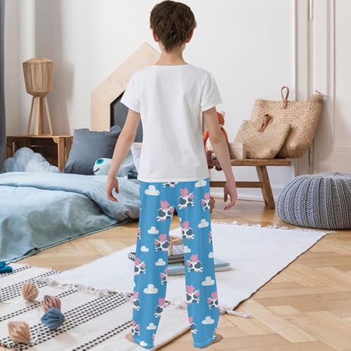 Boy's Pj Pants Cute Flying Cows Pink Wings Blue Cloud Lounge Bottoms Elastic Kids Joggers with Pockets Size 6-143